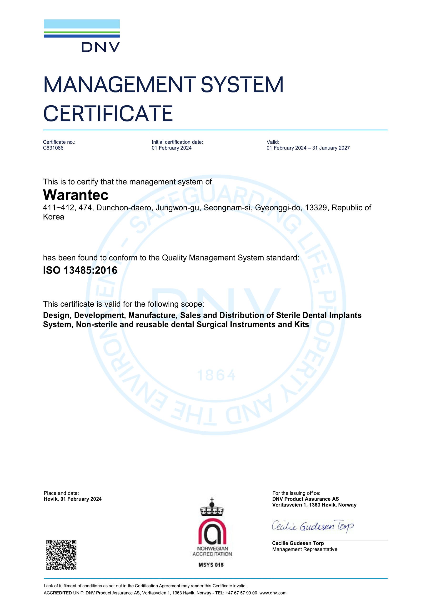 Сертификат ISO13485 Warantec